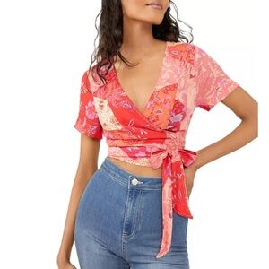 Free People Ashley Floral Print Wrap Crop Top Blouse Shirt Red Orange Patchwork